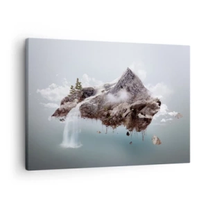 Quadro em tela - Uma montanha surreal flutuando nas nuvens com uma cachoeira - 70x50cm - Pelos olhos de um surrealista - Decoração de parede moderna para a sala de estar e quarto ARTTOR
