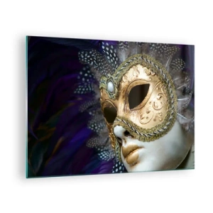Quadro em vidro - Máscara veneziana dourada com penas sobre fundo roxo - 70x50cm - Retrato veneziano em ouro - Decoração de parede moderna para a sala de estar e quarto ARTTOR