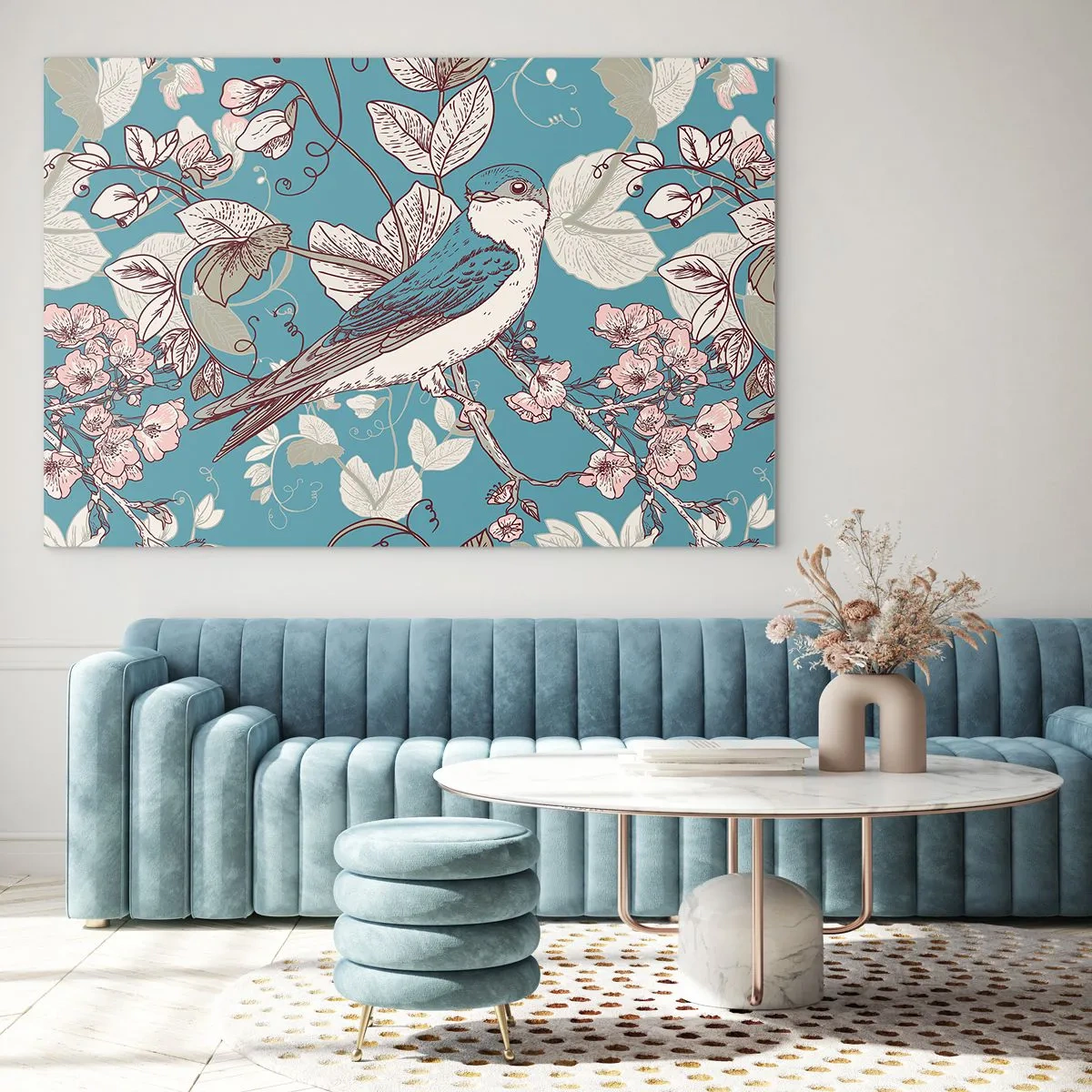 Quadro em vidro - Um pássaro em um galho entre flores em um fundo turquesa - 70x50cm - Cantos no choupo-branco - Decoração de parede moderna para a sala de estar e quarto ARTTOR