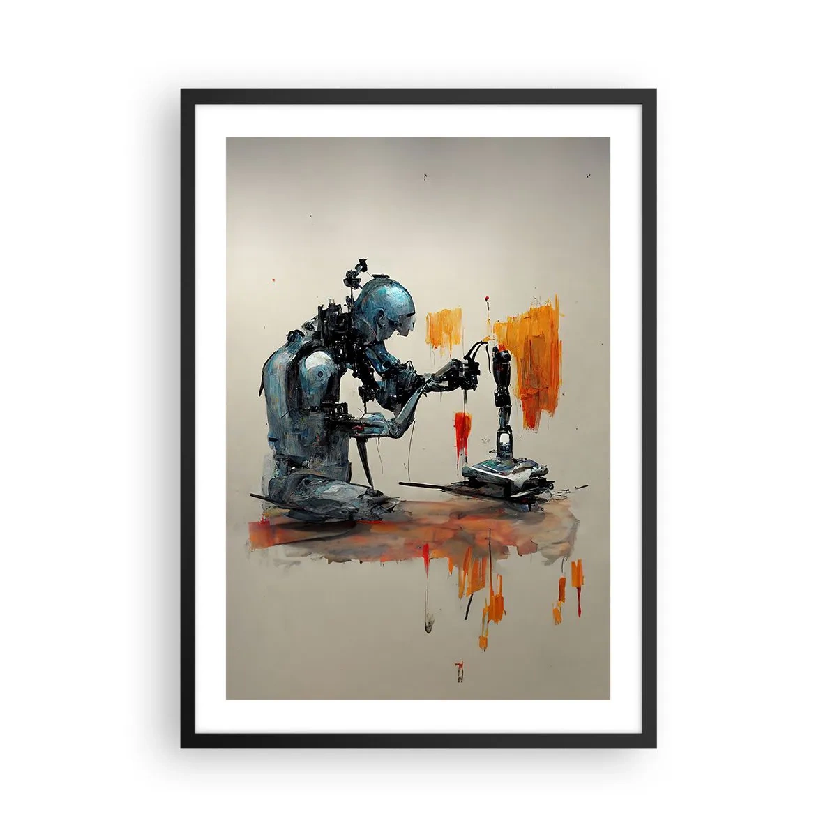 Pôster com moldura preta - Um robô cibernético no ato de criar arte. - 50x70cm - Já amanhã… - Decoração de parede moderna para a sala de estar e quarto ARTTOR