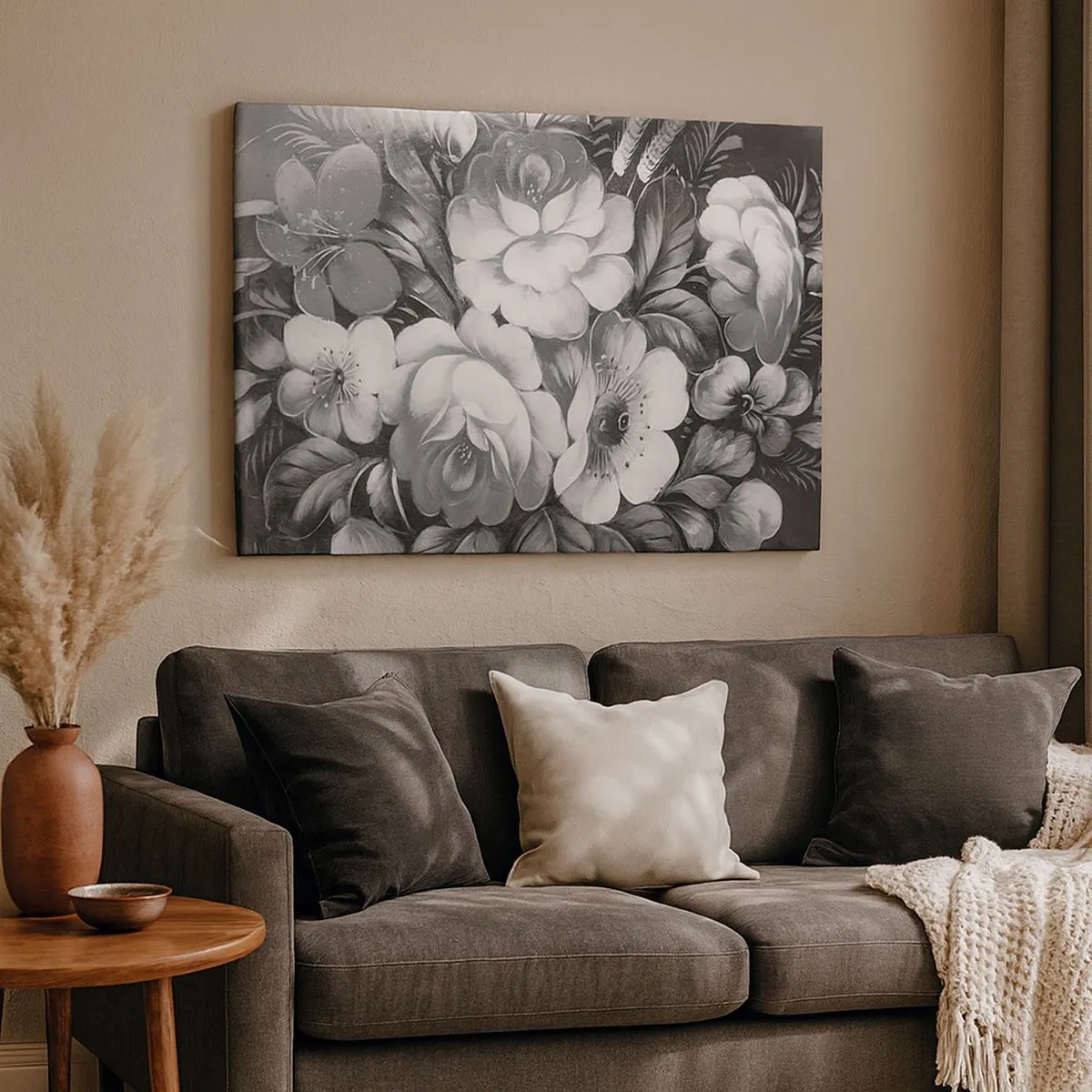 Quadro em tela - Flores pretas e brancas em uma composição clássica e elegante - 70x50cm - A beleza em cinza - Decoração de parede moderna para a sala de estar e quarto ARTTOR
