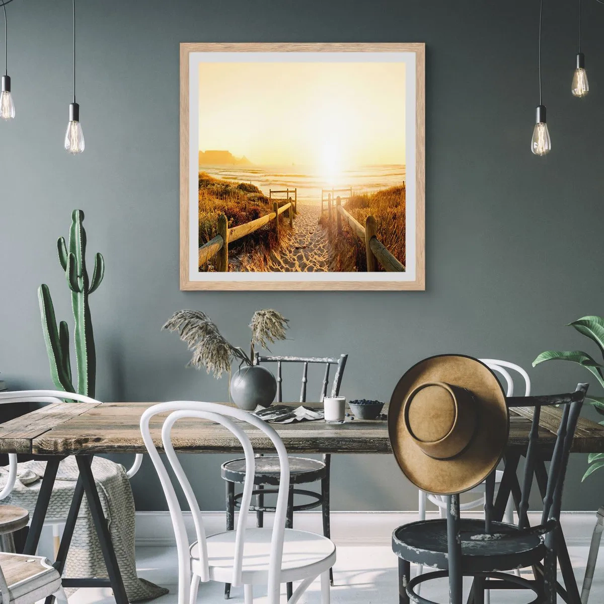 Pôster com moldura de carvalho claro - Pelaa duna, em direção ao sol - 60x60 cm