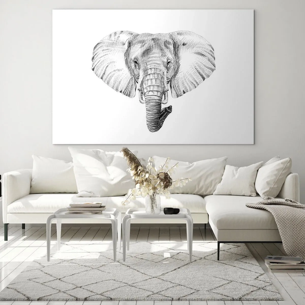 Quadro em vidro - Desenho em preto e branco de uma cabeça de elefante sobre fundo branco - 70x50cm - Havia um elefante, grande como um elefante - Decoração de parede moderna para a sala de estar e quarto ARTTOR
