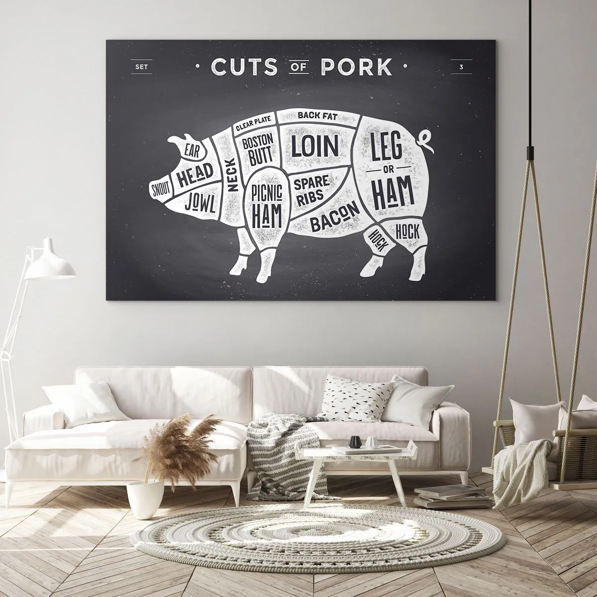 Quadro em vidro - Diagrama de cortes de carne de porco em um quadro negro - 70x50cm - Cartilha do talhante - Decoração de parede moderna para a sala de estar e quarto ARTTOR