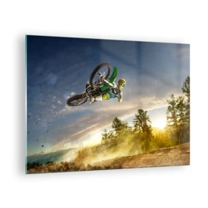 Quadro em vidro - Um motociclista em ação tendo como pano de fundo o pôr do sol - 70x50cm - Hora da aventura! - Decoração de parede moderna para a sala de estar e quarto ARTTOR