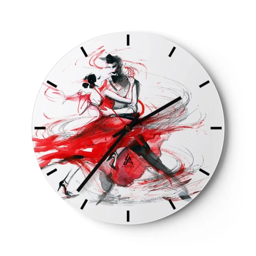 Relógio de parede - Relógio em vidro - Dançarinos de tango em vermelho, pinceladas dinâmicas de aquarela - 30x30cm - Tango - o ritmo da paixão - Decoração de parede moderna para a sala de estar, cozinha e quarto ARTTOR