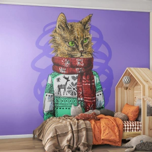 Papel de Parede Standard Eco - Um gato com um suéter de inverno e cachecol em um fundo roxo - 100x70cm - Gato não só de botas - Decoração de parede moderna para a sala de estar e quarto ARTTOR