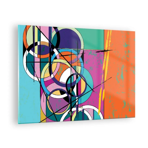 Quadro em vidro - Abstração colorida com formas geométricas e círculos - 70x50cm - Círculo entre círculos - Decoração de parede moderna para a sala de estar e quarto ARTTOR
