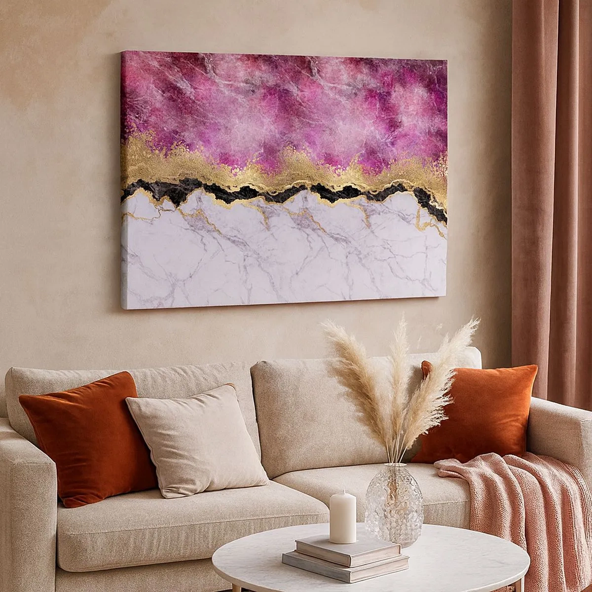 Quadro em tela - Mármore abstrato em tons de rosa com detalhes dourados - 70x50cm - Na fronteira - Decoração de parede moderna para a sala de estar e quarto ARTTOR