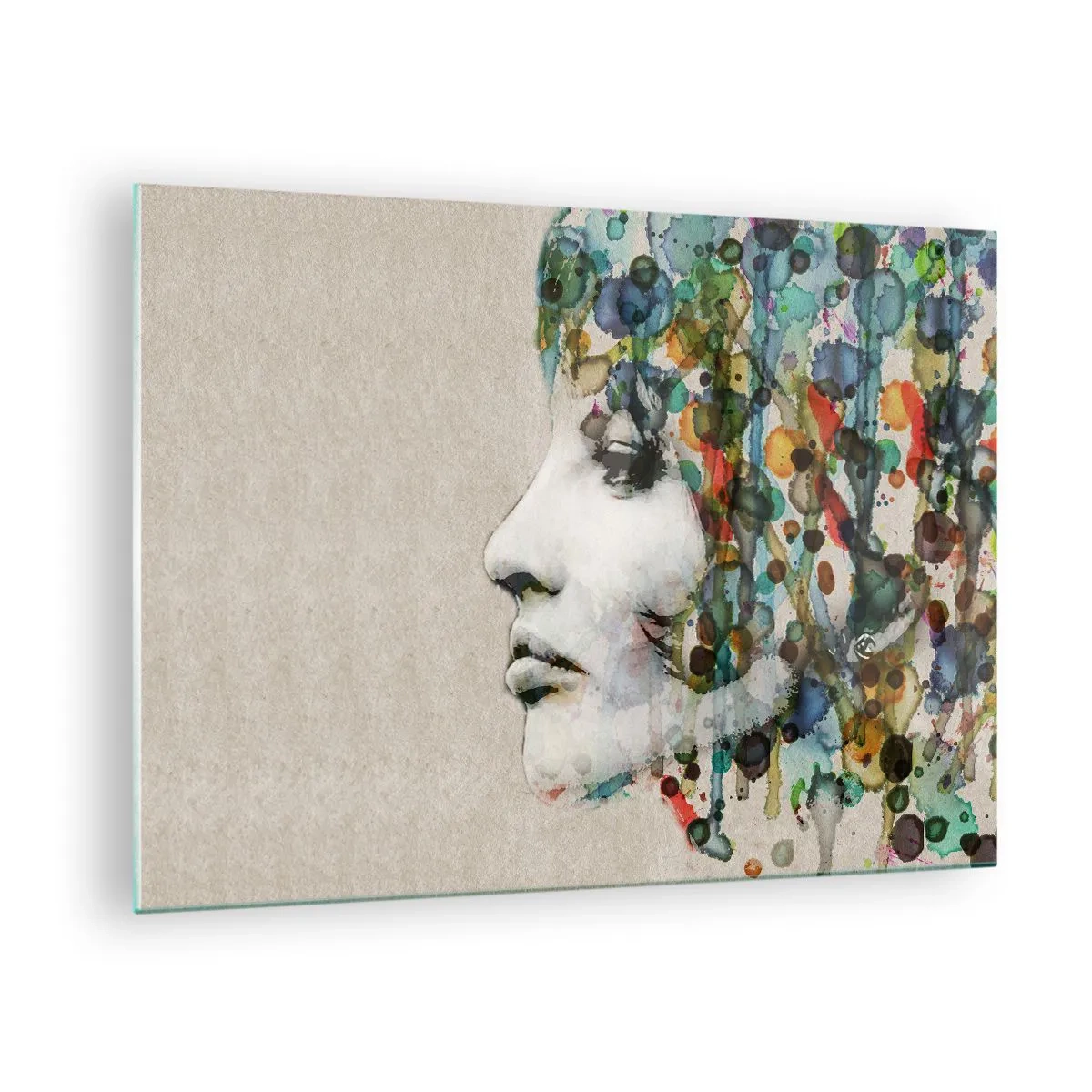 Quadro em vidro - Retrato de uma mulher com detalhes em cores abstratas - 70x50cm - Emergida das cinzas - Decoração de parede moderna para a sala de estar e quarto ARTTOR