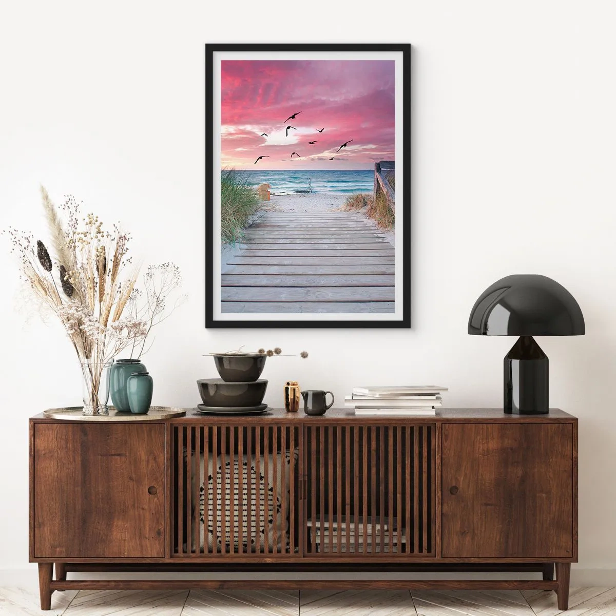 Pôster com moldura preta - Caminho de madeira na praia com vista para o mar ao pôr do sol - 50x70cm - Impressão do Báltico - Decoração de parede moderna para a sala de estar e quarto ARTTOR
