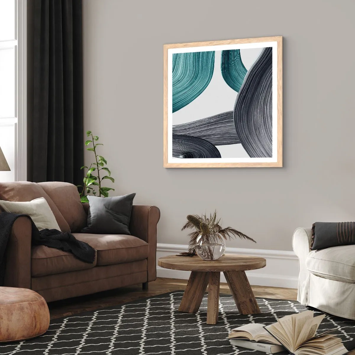 Pôster com moldura de carvalho claro - Trilhas esmeralda e preta - 60x60 cm