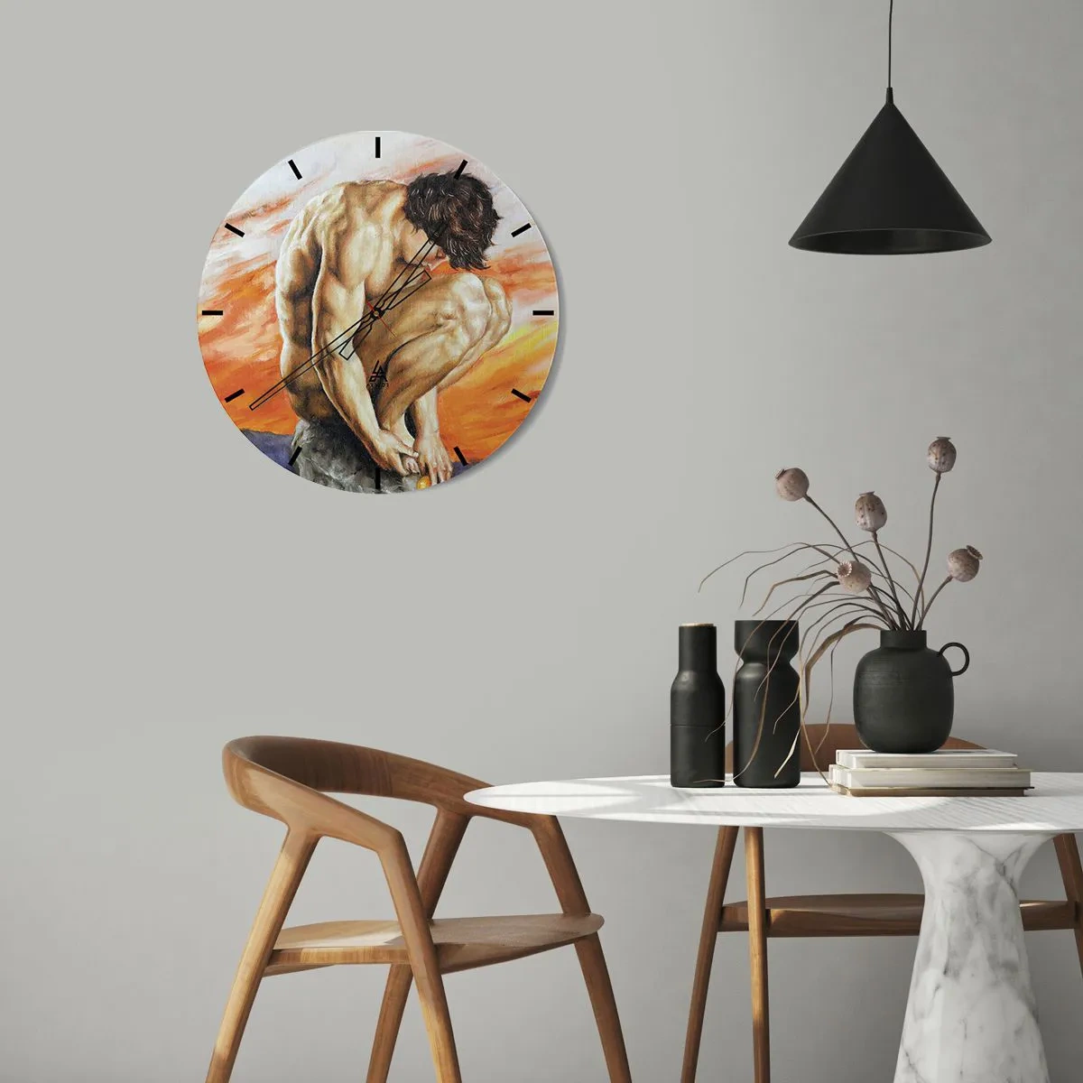 Relógio de parede - Relógio em vidro - Uma figura masculina em pose artística contra um fundo de pôr do sol. - 30x30cm - Imerso em si mesmo - Decoração de parede moderna para a sala de estar, cozinha e quarto ARTTOR