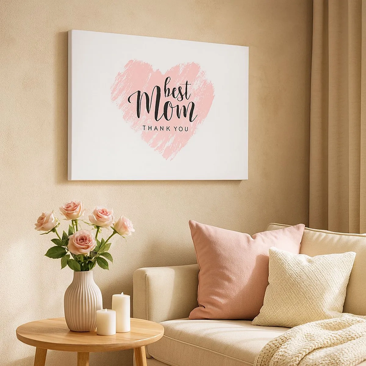 Quadro em tela - Coração rosa com as palavras "Melhor Mãe, Obrigado" em um fundo branco - 70x50cm - Sempre o momento certo - Decoração de parede moderna para a sala de estar e quarto ARTTOR