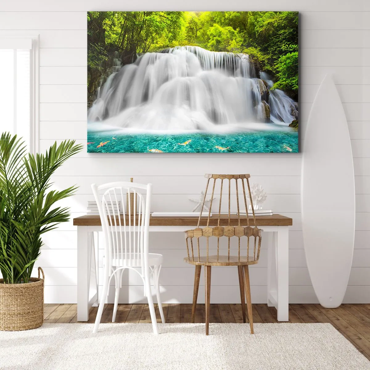 Quadro em tela - Uma cachoeira em uma floresta tropical com água turquesa - 70x50cm - Cascata espumosa do verde ao azul - Decoração de parede moderna para a sala de estar e quarto ARTTOR