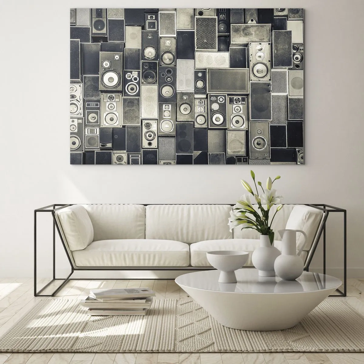 Quadro em vidro - Uma composição de alto-falantes retrô em tons de cinza - 70x50cm - Está tudo bem - Decoração de parede moderna para a sala de estar e quarto ARTTOR