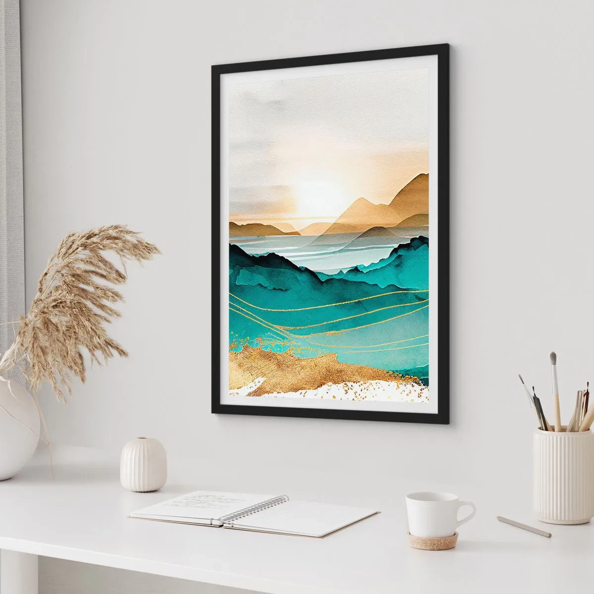 Pôster com moldura preta - Uma pitoresca paisagem montanhosa em tons de turquesa e dourado - 50x70cm - À beira da abstração – paisagem - Decoração de parede moderna para a sala de estar e quarto ARTTOR