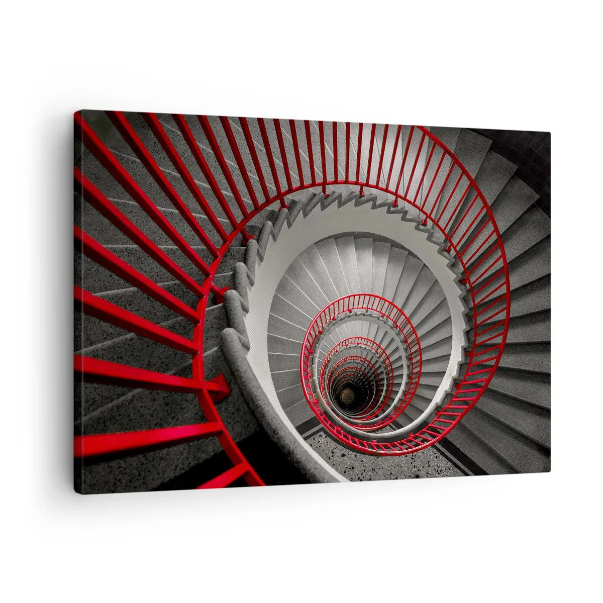 Quadro em tela - Escada em espiral com corrimãos vermelhos em uma perspectiva dinâmica - 70x50cm - Diversão de arquitetura - Decoração de parede moderna para a sala de estar e quarto ARTTOR