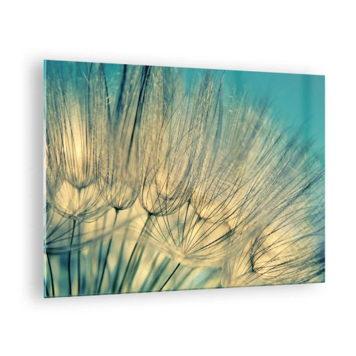 Quadro em vidro - Fotografia macro de um dente-de-leão sobre um fundo turquesa - 70x50cm - À espera do vento - Decoração de parede moderna para a sala de estar e quarto ARTTOR