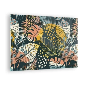 Quadro em vidro - Um padrão de folhas tropicais em cores vibrantes, cheias de energia e exotismo. - 70x50cm - Fantasia de folhas - Decoração de parede moderna para a sala de estar e quarto ARTTOR