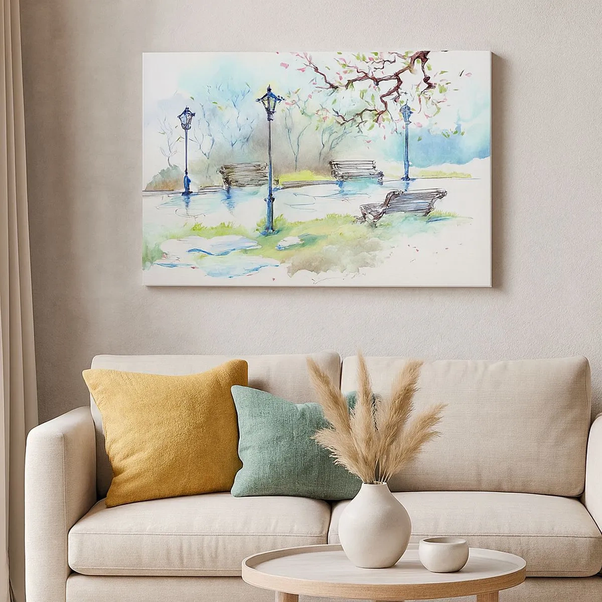 Quadro em tela - Cena de parque em aquarela com bancos e lâmpadas - 70x50cm - O encanto do silêncio do parque - Decoração de parede moderna para a sala de estar e quarto ARTTOR