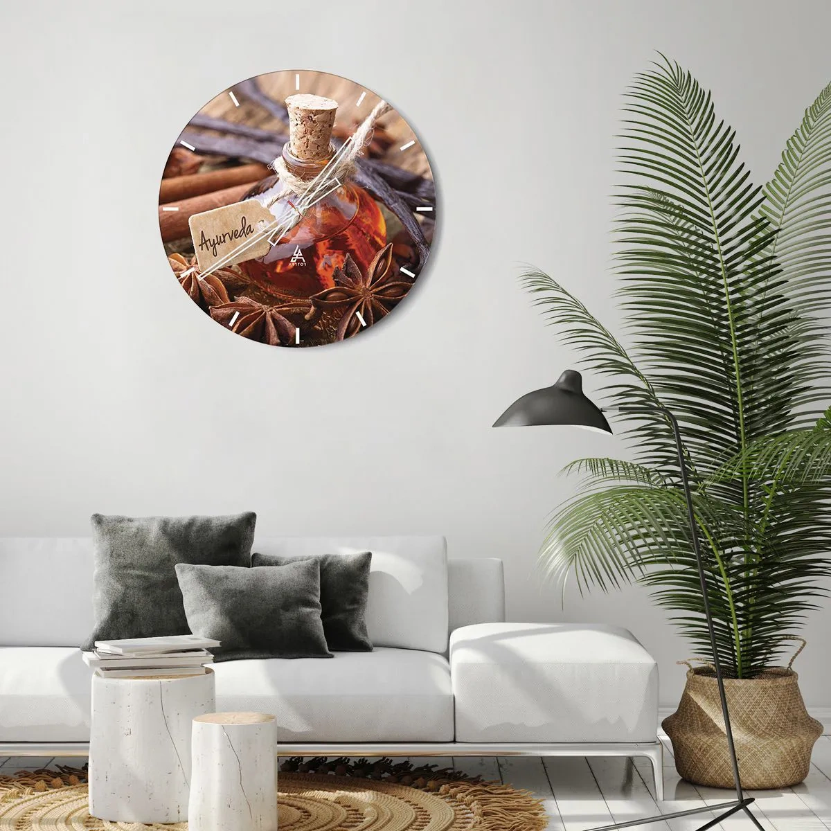 Relógio de parede - Relógio em vidro - Um frasco de especiarias cercado por anis e baunilha - 30x30cm - Rumo à unidade do corpo e do espírito - Decoração de parede moderna para a sala de estar, cozinha e quarto ARTTOR