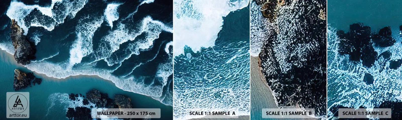 Amostra de papel de parede autocolante Deluxe Sticker - Envolto em ondas - Penhasco, Mar, Natureza - 100x30 cm