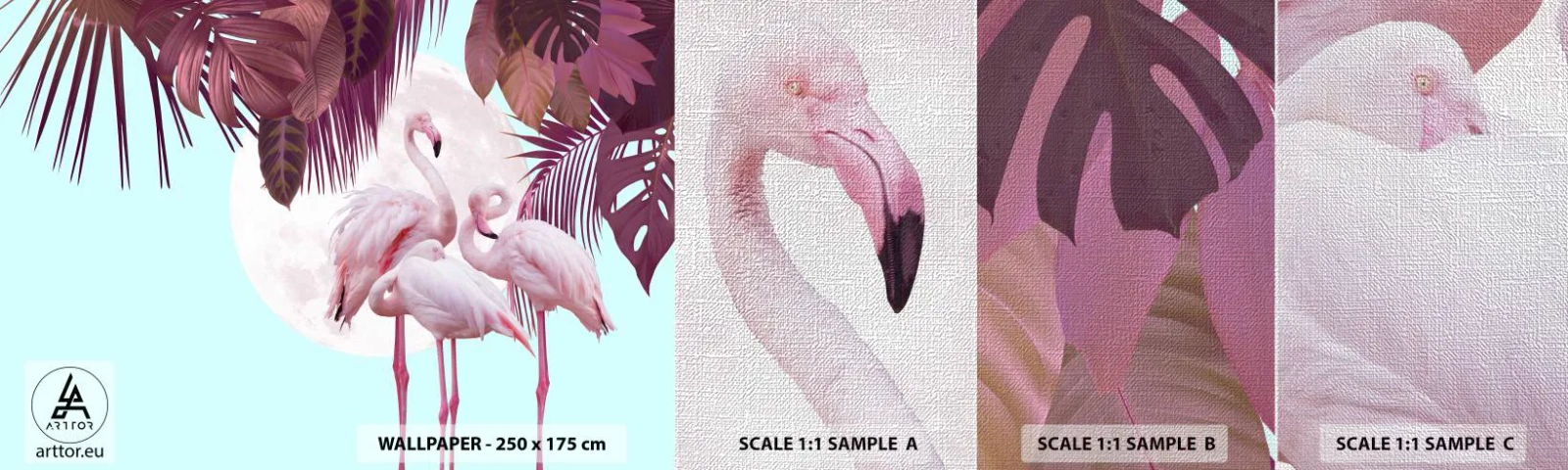 Amostra de papel de parede Premium Canvas - Três graças de pássaros - Flamingos, Pássaros, Natureza - 100x30 cm