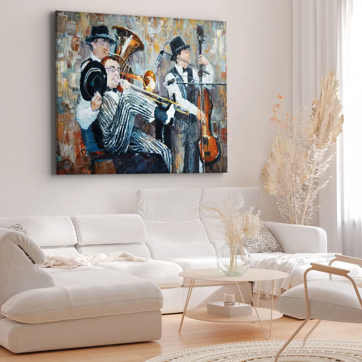 Quadro em tela - Músicos de jazz em estilo pictórico durante um concerto - 70x50cm - Todo aquele jazz - Decoração de parede moderna para a sala de estar e quarto ARTTOR