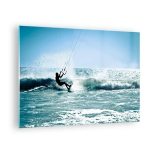 Quadro em vidro - Kitesurfista nas ondas do oceano em um dia ensolarado - 70x50cm - Deixe-se levar - Decoração de parede moderna para a sala de estar e quarto ARTTOR
