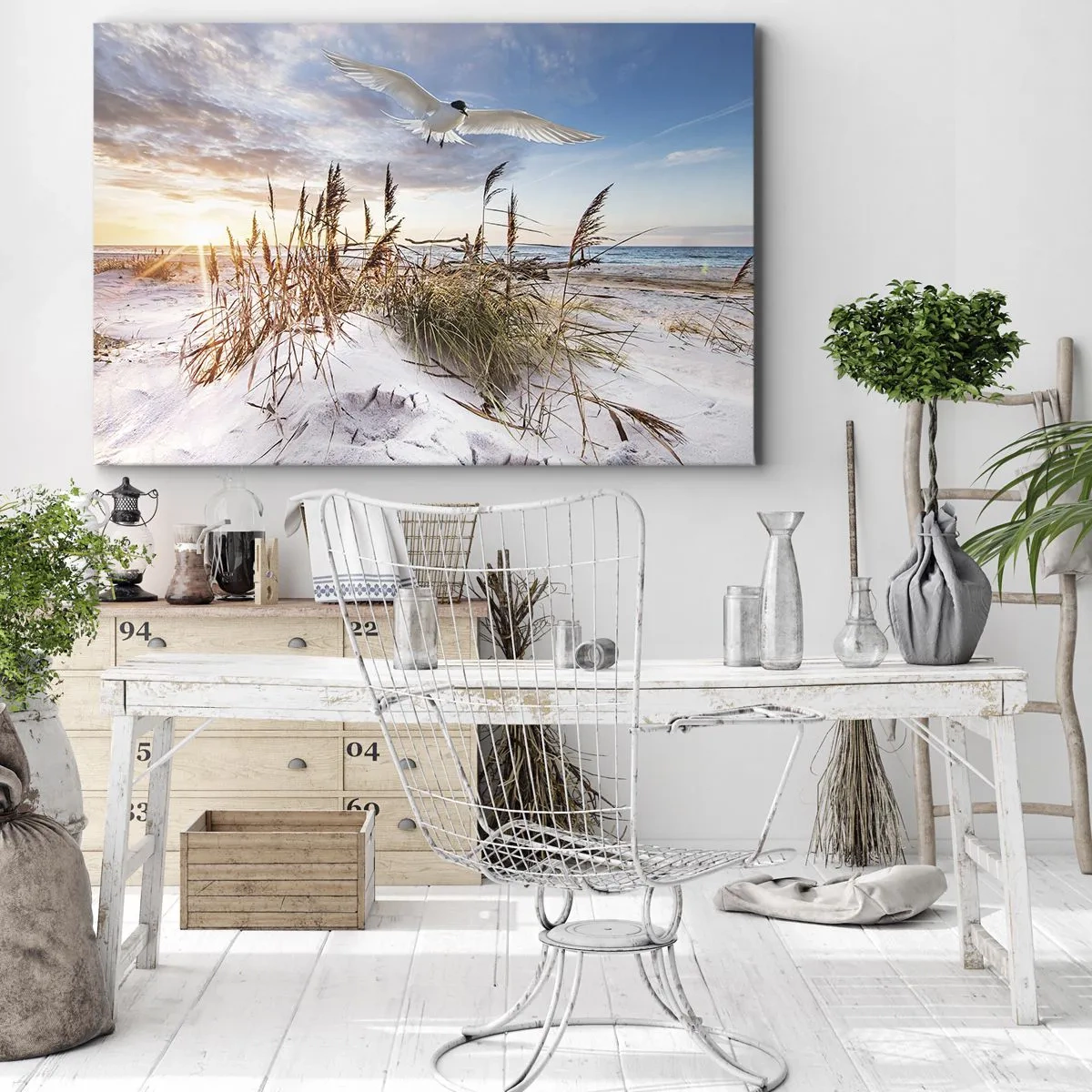 Quadro em tela - Praia com gaivotas voando ao pôr do sol - 70x50cm - Vento do mar - Decoração de parede moderna para a sala de estar e quarto ARTTOR