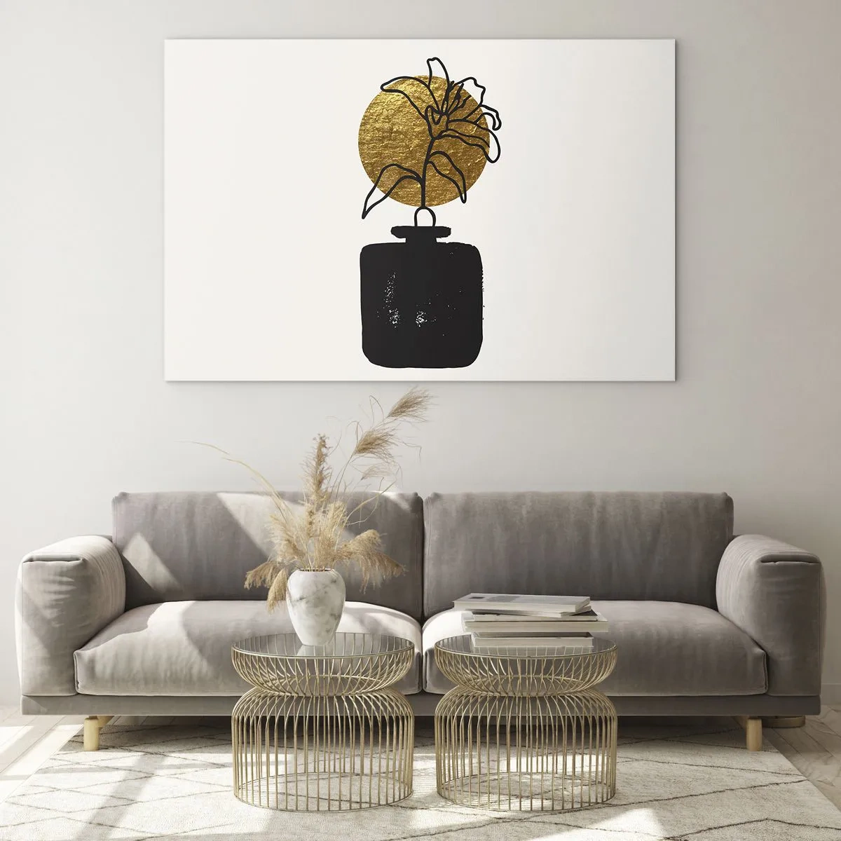 Quadro em vidro - Gráfico minimalista com uma flor em um círculo dourado e um vaso preto - 70x50cm - A beleza vale seu peso em ouro - Decoração de parede moderna para a sala de estar e quarto ARTTOR