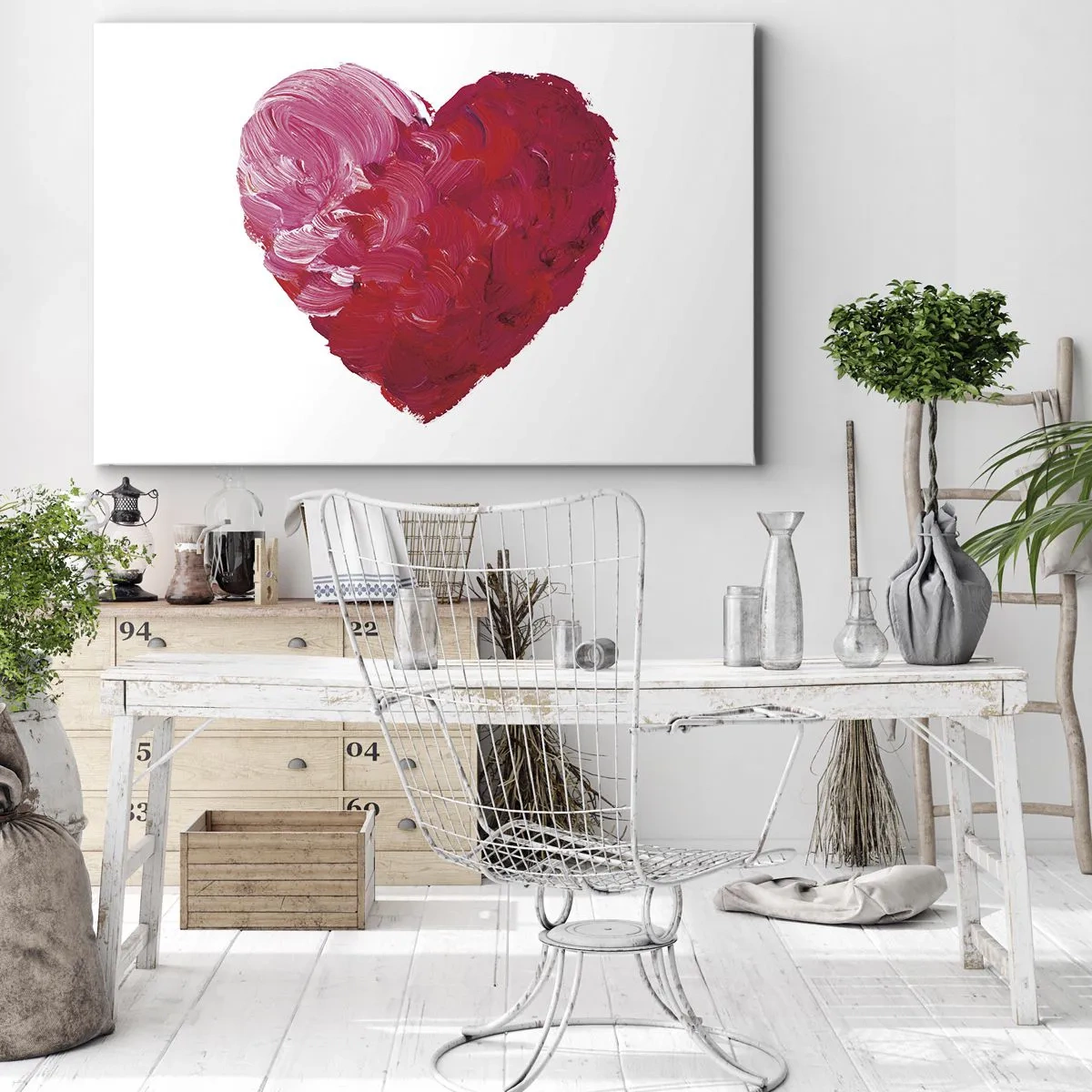 Quadro em tela - Um coração rosa e vermelho pintado com um pincel - 70x50cm - All you need is love - Decoração de parede moderna para a sala de estar e quarto ARTTOR
