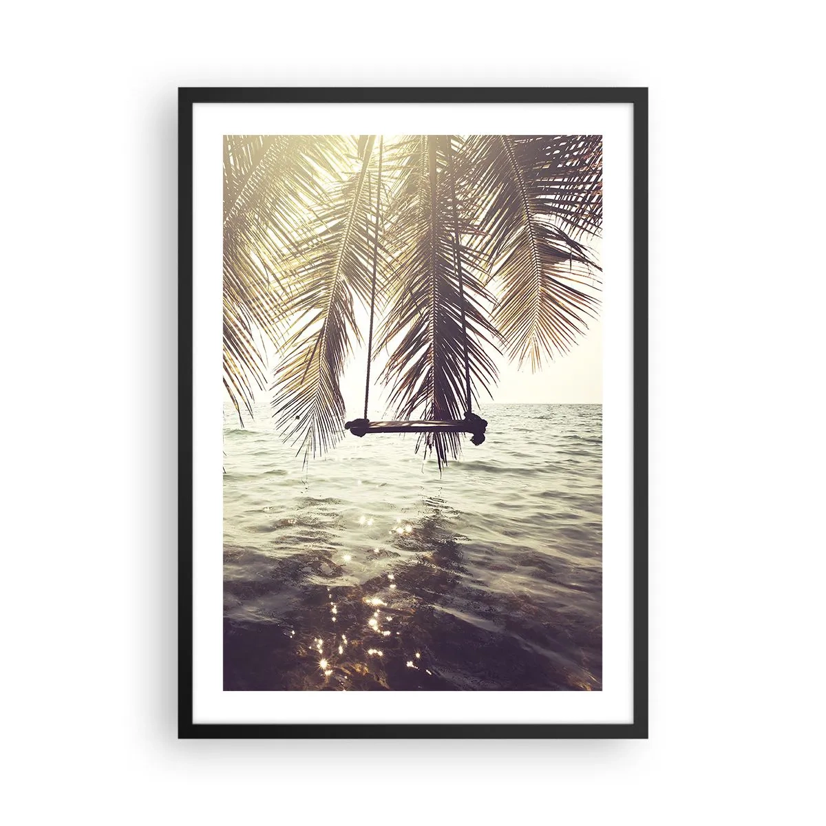 Pôster com moldura preta - Um balanço sob as palmeiras à beira do mar calmo - 50x70cm - Deixe-se levar pela imaginação - Decoração de parede moderna para a sala de estar e quarto ARTTOR