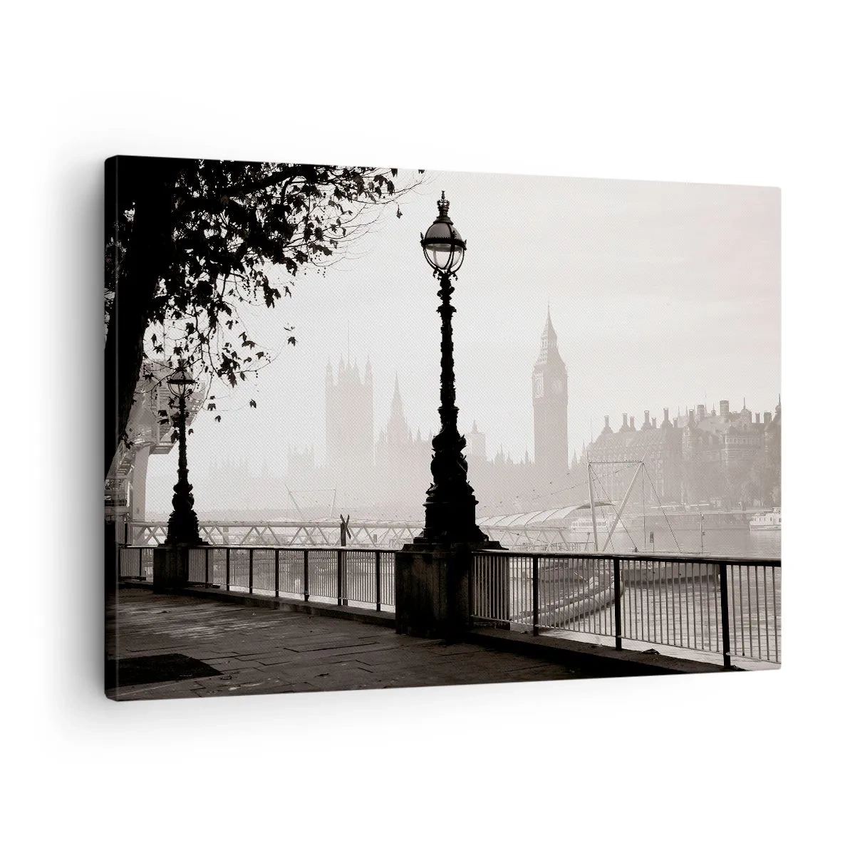 Quadro em tela - Uma vista monocromática do Big Ben e do Tâmisa. - 70x50cm - Manhã Londrina - Decoração de parede moderna para a sala de estar e quarto ARTTOR