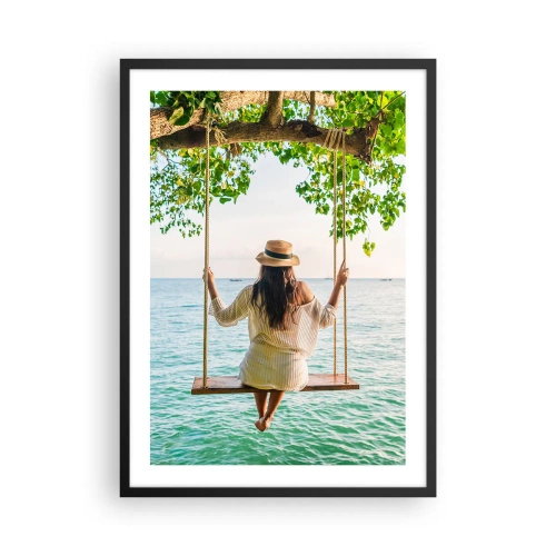 Pôster com moldura preta - Mulher em um balanço à beira-mar em um ambiente tropical - 50x70cm - A vida é bela - Decoração de parede moderna para a sala de estar e quarto ARTTOR