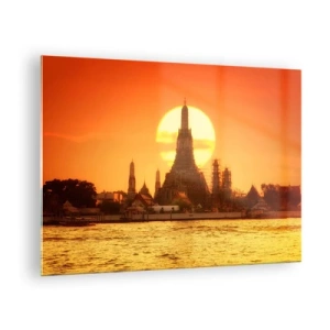 Quadro em vidro - Templo ao pôr do sol sobre o rio - 70x50cm - Rumo ao sol, sempre em direção ao sol - Decoração de parede moderna para a sala de estar e quarto ARTTOR