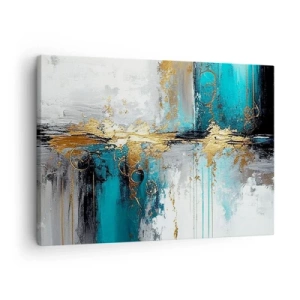 Quadro em tela - Uma composição abstrata com detalhes em turquesa e dourado. - 70x50cm - Tudo flui - Decoração de parede moderna para a sala de estar e quarto ARTTOR