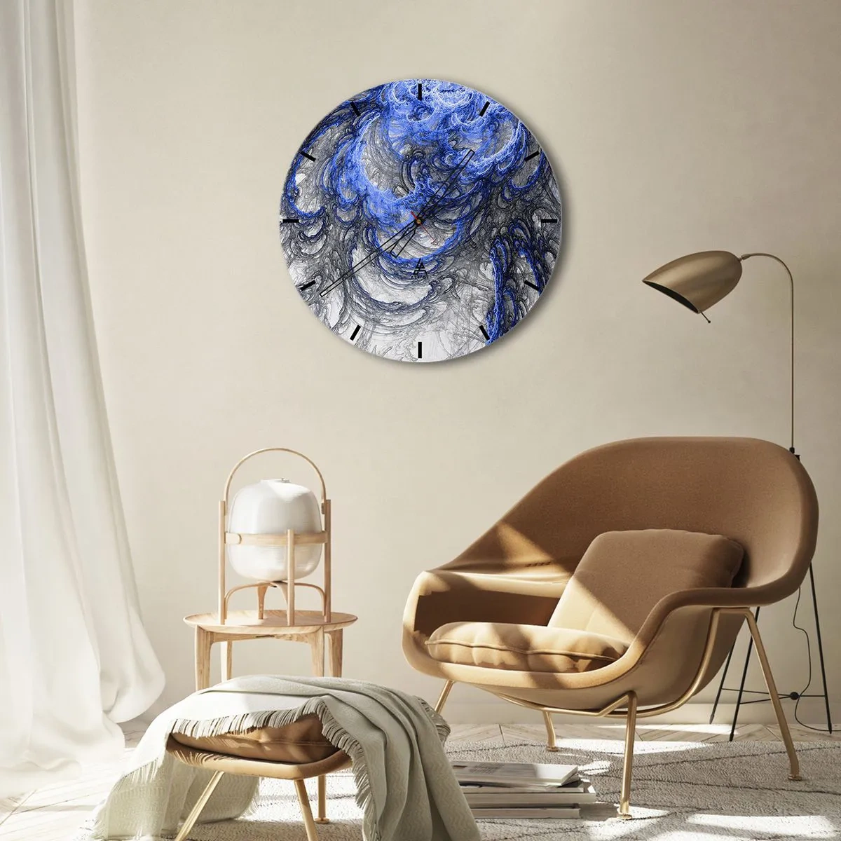 Relógio de parede - Relógio em vidro - Motivo de onda abstrata em tons de azul e cinza - 30x30cm - O nascimento de uma onda - Decoração de parede moderna para a sala de estar, cozinha e quarto ARTTOR