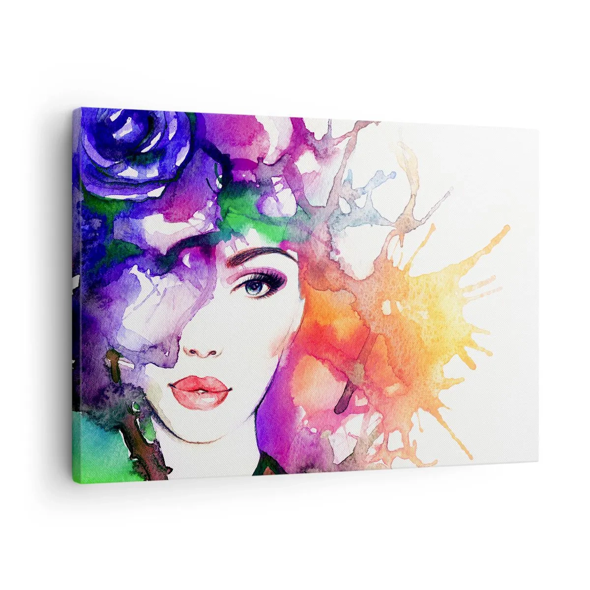 Quadro em tela - Retrato de uma mulher em aquarela com manchas abstratas - 70x50cm - Com a cabeça nas nuvens - Decoração de parede moderna para a sala de estar e quarto ARTTOR