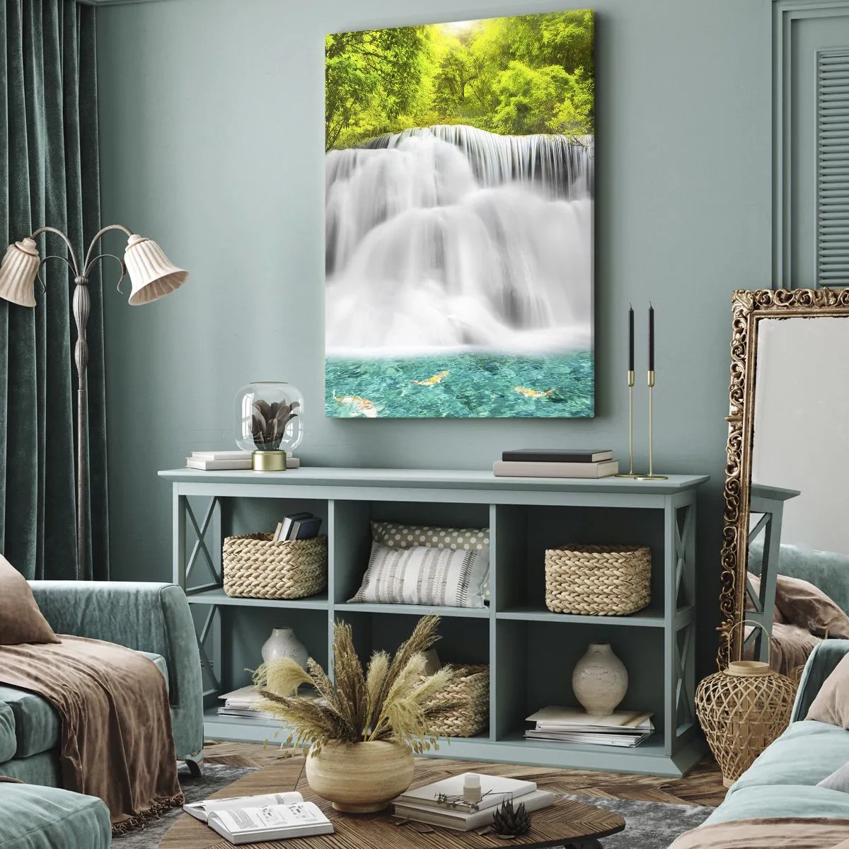 Quadro em tela - Cascata espumosa do verde ao azul - 55x100 cm