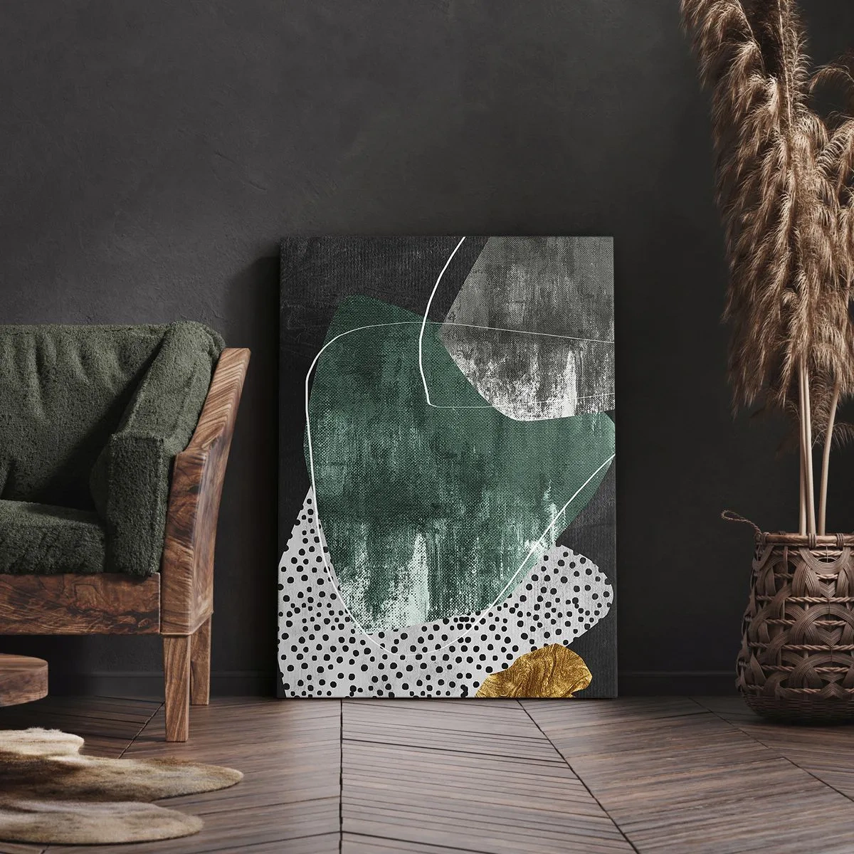 Quadro em tela - Abstração colorida com folha de ouro - 55x100 cm