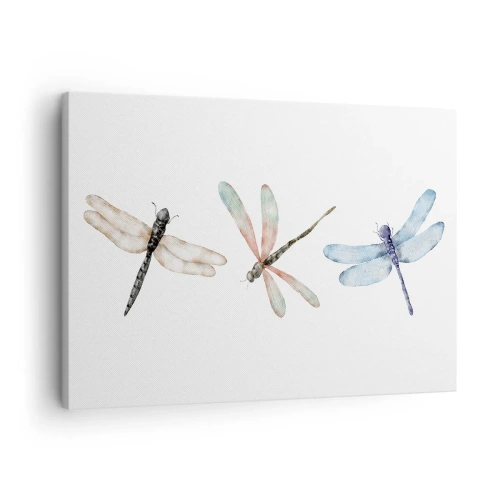Quadro em tela - Três libélulas em delicadas cores pastéis - 70x50cm - Libélulas sem peso - Decoração de parede moderna para a sala de estar e quarto ARTTOR