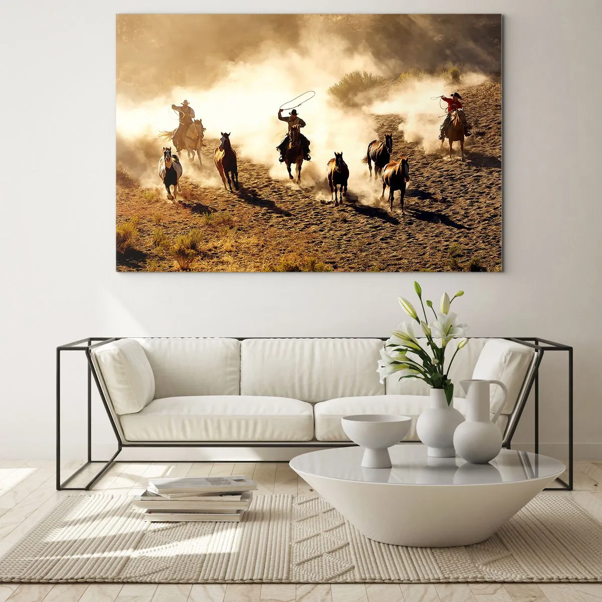 Quadro em vidro - Cowboys a cavalo na poeira de um rodeio - 70x50cm - Oeste verdadeiramente selvagem - Decoração de parede moderna para a sala de estar e quarto ARTTOR