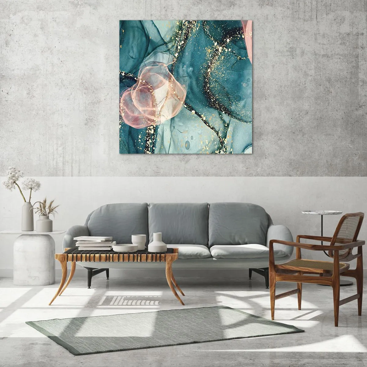 Quadro em vidro - Azul seda, rosa tule - 30x30 cm