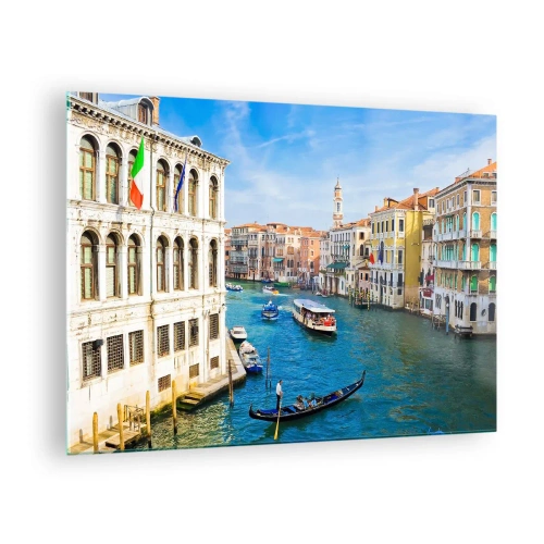 Quadro em vidro - Um canal em Veneza com gôndolas e barcos na água - 70x50cm - Tráfego único no mundo - Decoração de parede moderna para a sala de estar e quarto ARTTOR