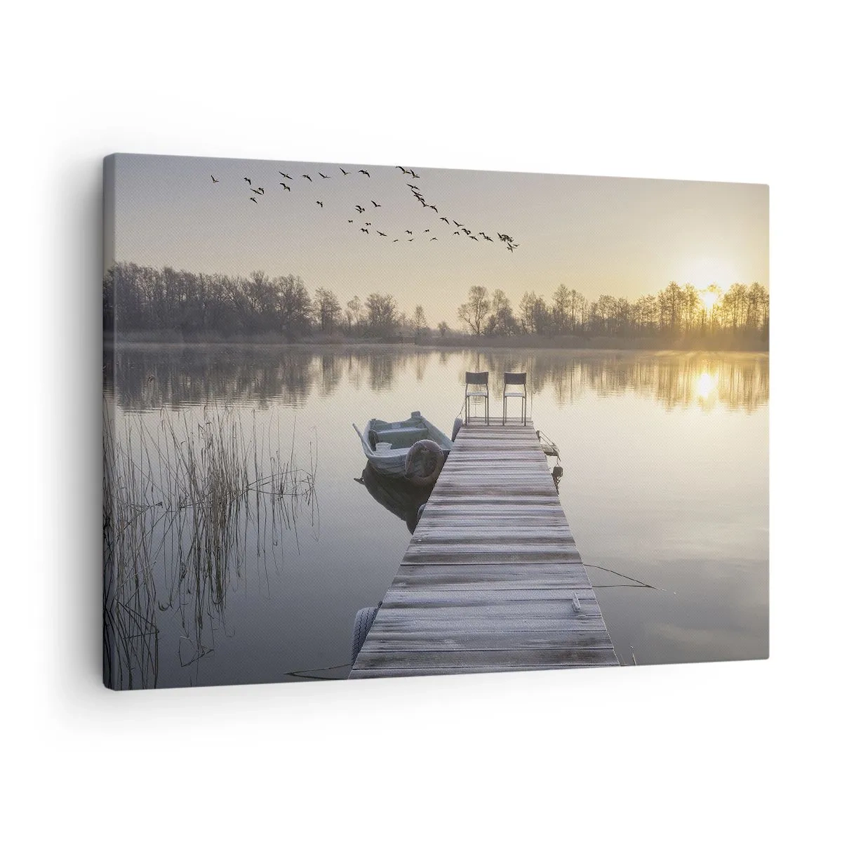 Quadro em tela - Um píer à beira do lago pela manhã com um barco e cadeiras - 70x50cm - Voltarei dentro de algum tempo - Decoração de parede moderna para a sala de estar e quarto ARTTOR