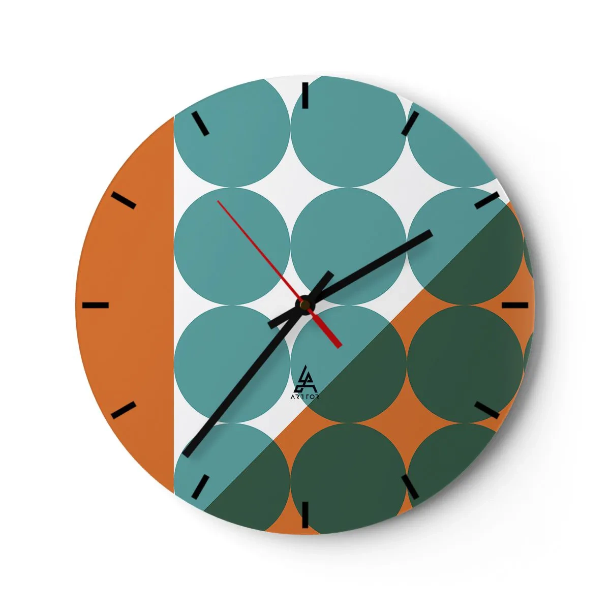 Relógio de parede - Relógio em vidro - Círculos geométricos em tons de verde e laranja - 30x30cm - Para cima e na diagonal - Decoração de parede moderna para a sala de estar, cozinha e quarto ARTTOR