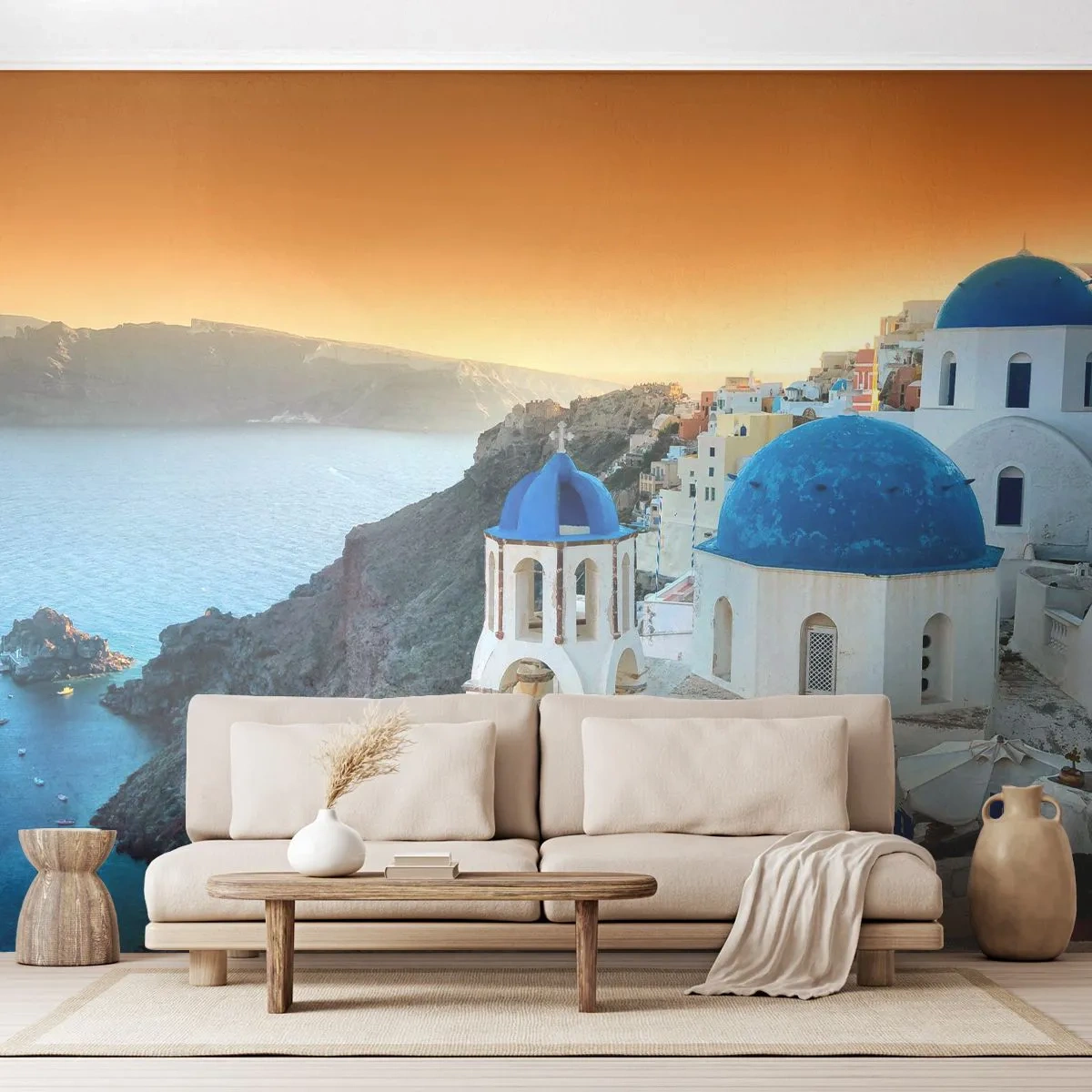 Papel de Parede Autocolante Deluxe Sticker - Santorini - abraçada às rochas - Paisagem, Grécia, Santorini - 250x175 cm