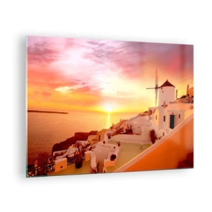 Quadro em vidro - Pôr do sol sobre Santorini com edifícios brancos e um moinho de vento - 70x50cm - Derreter em branco e ouro - Decoração de parede moderna para a sala de estar e quarto ARTTOR